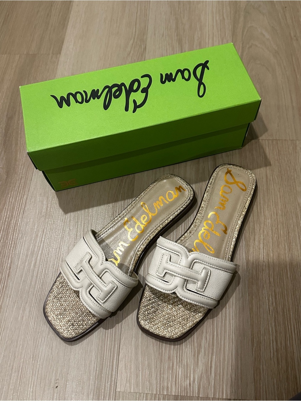 Sam Edelman Cream Woven Slide Sandals with White Leather Upper